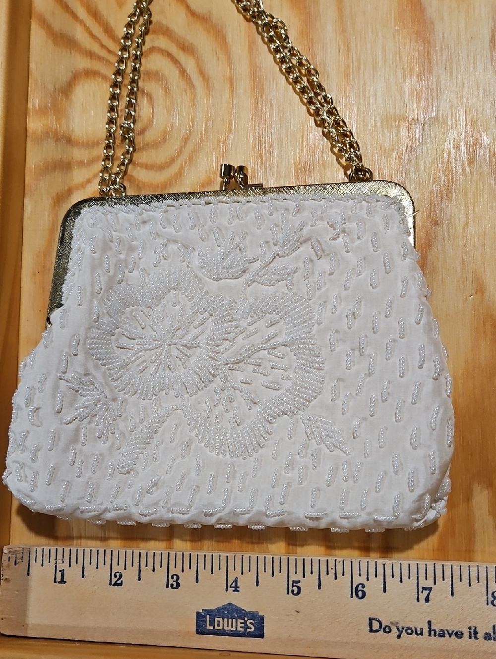 La Regale Ivory Beaded Floral Clutch with Gold Chain - Picture 10 of 12